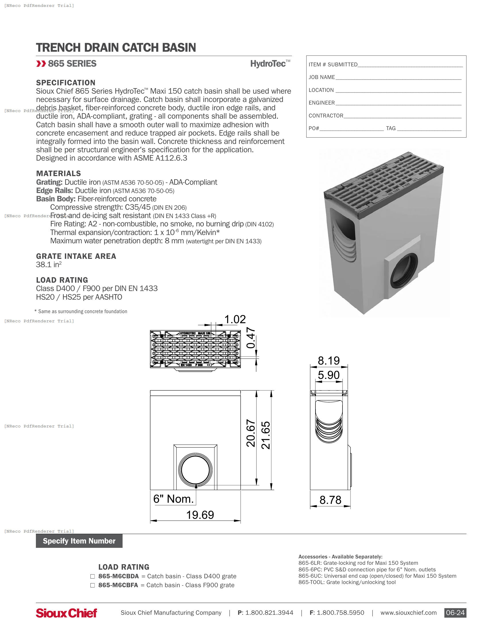 865 SERIES - HYDROTEC MAXI 150 CLASS D400-F900 CATCH BASIN - SPEC SHEET.PDF Specification Document
